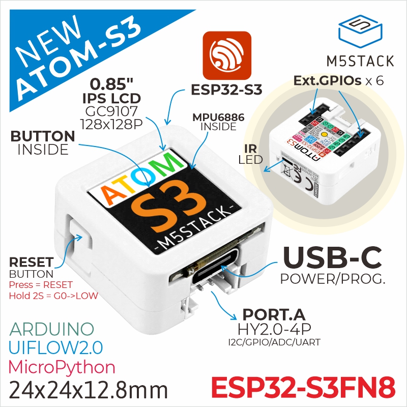 الأصلي M5Stack ATOMS3 ESP32-S3 - مراجعة Esp32 Uart Module وسعره